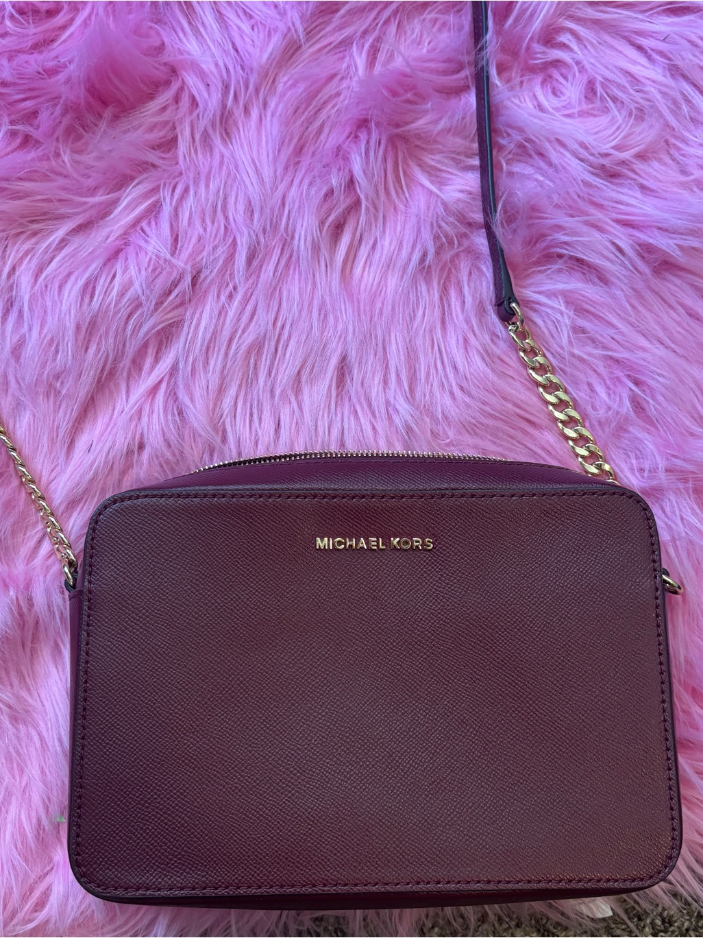 Michael Kors Jet Set Large Burgundy Saffiano Leather Crossbody Bag Gold Chain